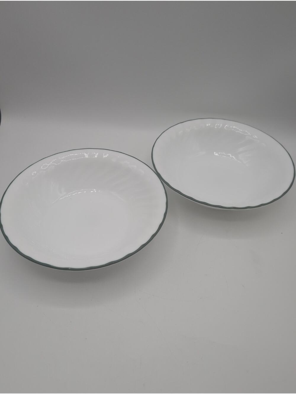 2X Corelle Callaway 7 1/4 Serving Cereal Bowl White Swirl with Green Rim USA